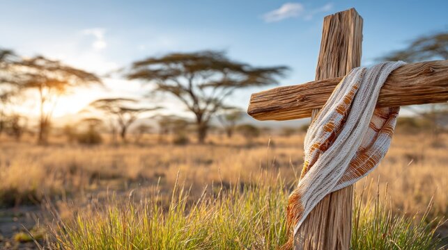 Handcarved Wooden Cross in Nature with Rustic Cloth and Sunset Glow