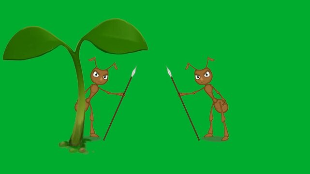 2d animation Ants defending plant leaf with spears in a tactical formation animation on green screen. Group of insect mascot cartoon characters guarding their nature home environment from threats