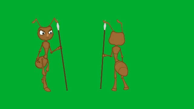 2d animation Ant warriors patrol moving across the frame in a coordinated military walk animation on green screen. Two insect mascot characters holding spears in formation for colony defense loop