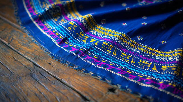 assamese. Traditional silk dress with intricate patterns laid flat on a wooden floor. event programs, museum guides, designed for cultural heritage projects and event programs.