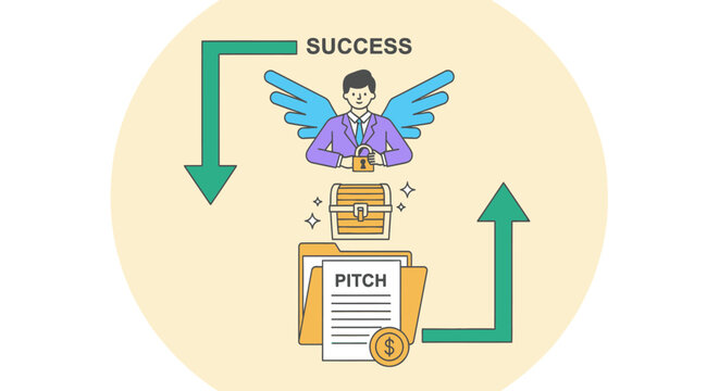 Angel investor holding padlock over treasure chest and pitch deck