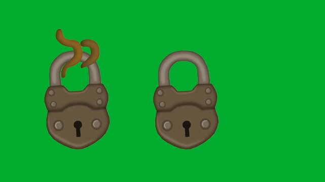 2d animation Vintage metal padlocks icon vector illustration set animation on green screen. Twin old rusty iron security locks cartoon graphic asset for mystery, prison, jail escape, defense