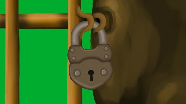 2d animation Old padlock hanging on iron cage prison bars close up view animation on green screen. Rusty metal lock holding heavy wooden cell door shut in a dungeon animation on green screen.