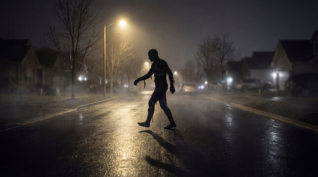 Mysterious bandaged figure walks across wet suburban street at night under streetlights fog silhouettes homes suggesting Halloween creature urban horror suspense scene cinematic fright