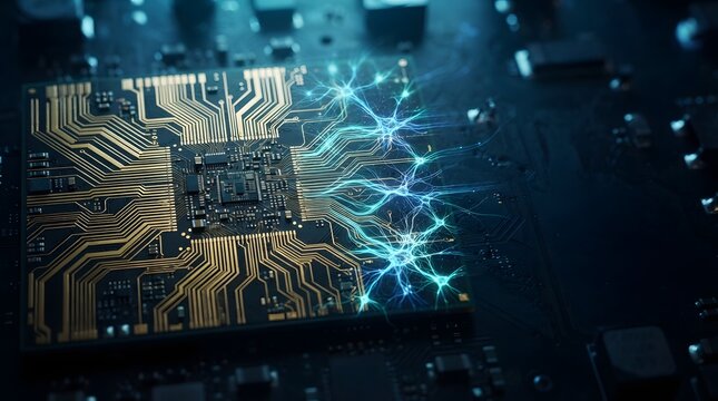 Advanced semiconductor chip with neural network patterns representing evolving artificial. Futuristic AI model image.