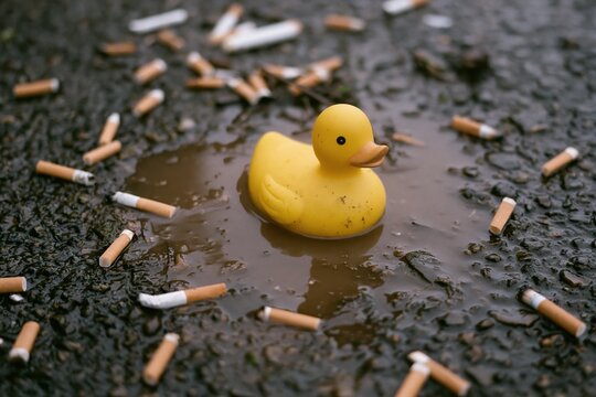 The Rubber Duck in a Muddy Puddle Among Cigarette Debris on Asphalt