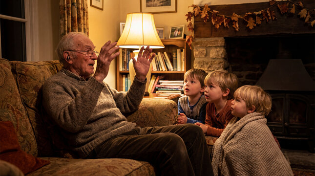Grandfather wearing hearing aid tells animated story to young children by cozy fireplace in warmly lit living room suggesting family bonding oral history generational wisdom childhood wonder
