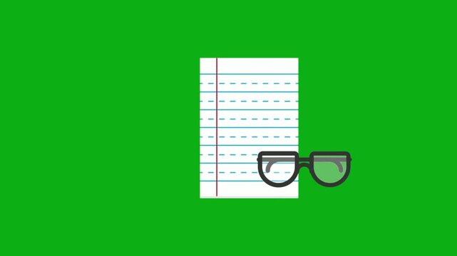 Document with glasses reading study icon on green screen chromakey background 2d animated cartoon animation perfect for professional video editing chroma key compositing and stock footage production