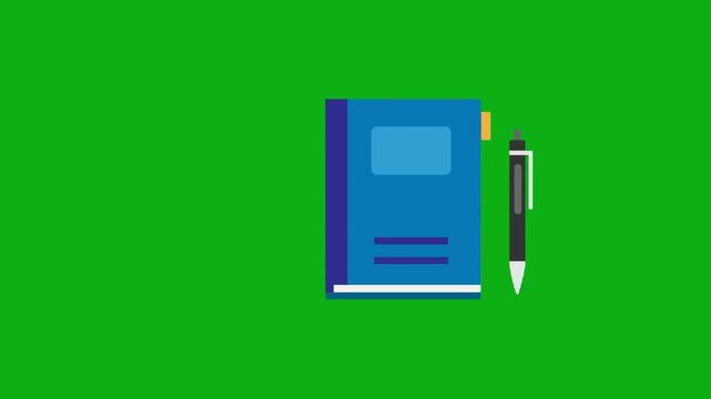 Blue book with pencil writing icon on green screen chromakey background 2d animated cartoon animation perfect for professional video editing chroma key compositing and stock footage production