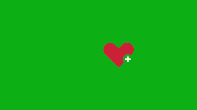 Heart with plus medical health icon on green screen chromakey background 2d animated cartoon animation perfect for professional video editing chroma key compositing and stock footage production