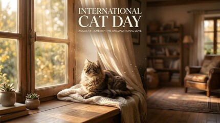 International cat day august eight banner with fluffy tabby kitten resting on cozy windowsill cloth.