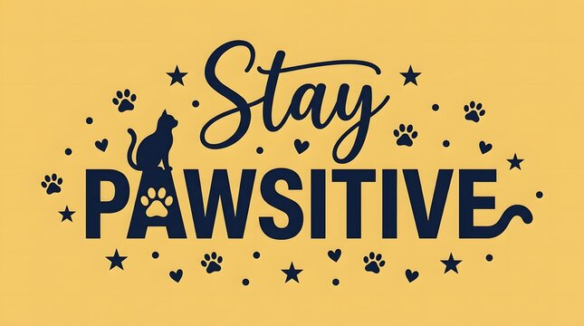 Stay pawsitive text art with cat silhouette stars hearts and paw prints on warm yellow background.