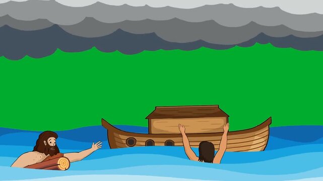 2d animation Noah Ark flood landscape with people swimming and drowning in storm ocean waves animation on green screen. Ancient historical religious ship vessel wooden boat biblical bible custom loop