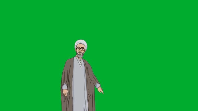 2d animation Clergyman waving hand cheerfully while standing in full body front view animation on green screen. Islamic scholar priest mullah character in grey traditional robe robe greeting friendly