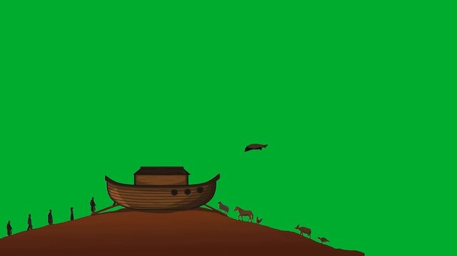 2d animation Noah Ark on a hill with various animals marching into the vessel animation on green screen. Biblical flood story, historical religious ship layout, ancient christian narrative