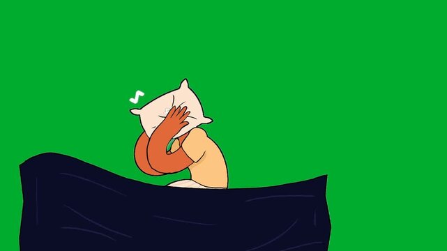 2d animation Man sleeping bed layout under a dark blanket cover sheet animation on green screen. Casual male cartoon character resting peacefully on a soft pillow cushion animation on green screen.