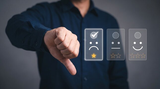 Customer showing thumbs down with poor rating feedback icon, concept of negative review, dissatisfaction, low quality service, bad customer experience, business failure, online reputation management.