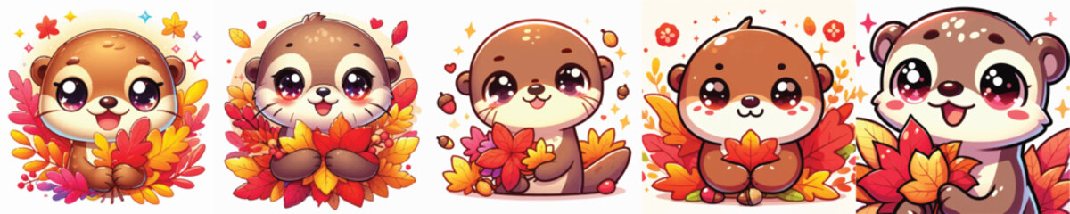 Vector of a cute cartoon otter character holding colorful autumn leaves © FirdianKrisna