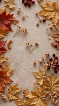 Golden autumn leaves scattered on beige fabric rustic fall foliage texture background seasonal decor natural aesthetic