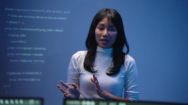 Asian woman speaker presenting tech talk on stage with code projected on screen, sharing knowledge about software at technology conference, women in tech role model