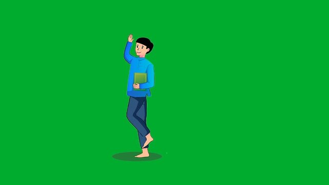 2d animation Boy student walking forward cheerfully while waving hand in full body side view layout animation on green screen. Happy school kid cartoon character wearing backpack greeting friendly