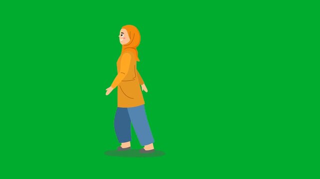 2d animation Girl walking profile side layout view frame animation on green screen. Cute child cartoon character wearing yellow hooded raincoat cloak and blue boots marching thoughtfully on a chroma