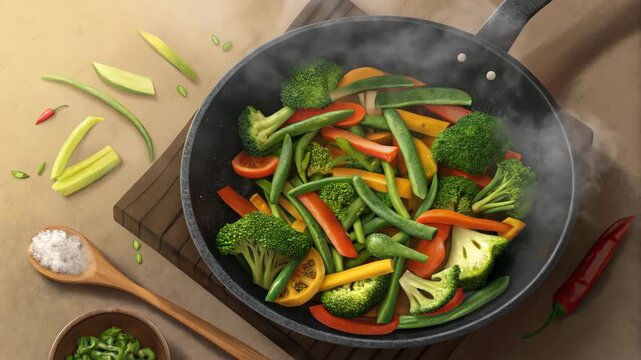Healthy vegetable stir fry cooking in a pan with steam rising during a close-up shot with soft lighting