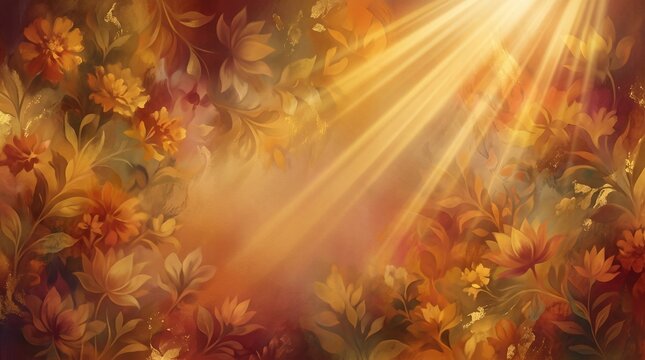 Bahura Chauthi, abstract floral textures, sacred golden light rays and earthy devotional gradients