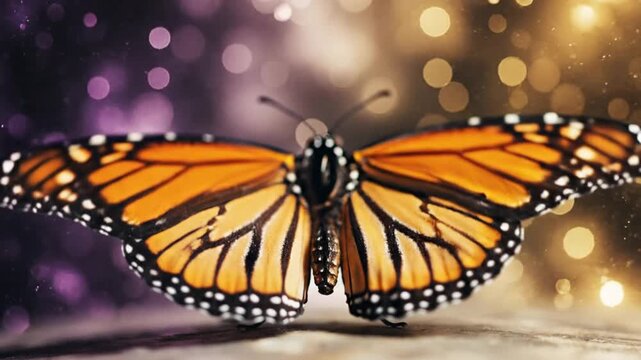 Monarch butterfly close up on bokeh background.