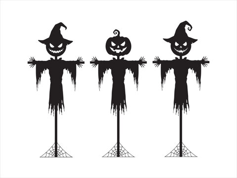 Halloween scarecrow silhouettes with witch hats and pumpkin heads vector isolated illustration