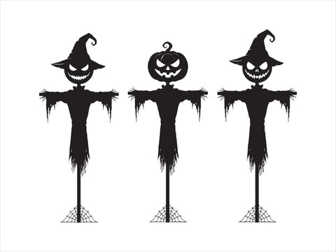 Halloween scarecrow silhouettes with witch hats and pumpkin heads vector isolated illustration