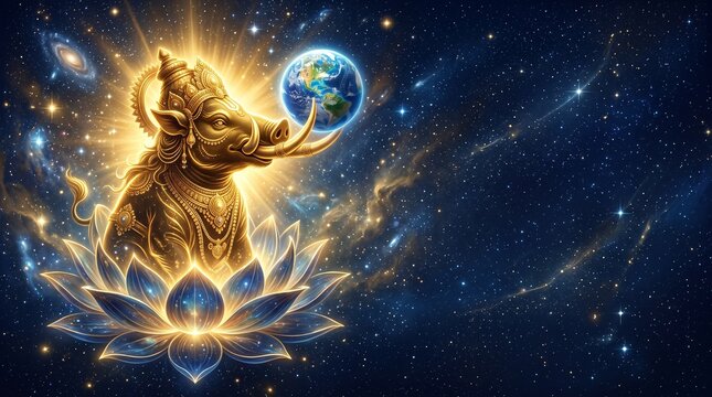 Varaha Jayanti, majestic golden Varaha boar silhouette emerging from cosmic lotus with glowing earth sphere and divine aura, deep blue and gold palette