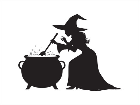 Halloween silhouette of a witch stirring a bubbling cauldron with a magic potion vector isolated illustration
