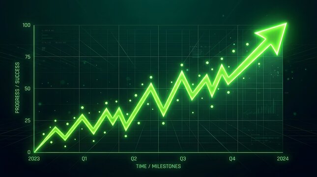Green glowing upward trend chart with timeline milestones