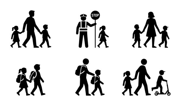 School Crossing Safety Icons, Pedestrian Safety Vector Set, Child Walking to School Illustrations
