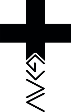 Minimalist Christian cross with 'God is greater than the highs and lows' symbol, black and white religious vector icon