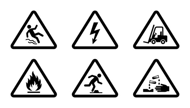 Set of 6 Safety Warning Icons, Vector Graphics for Hazard Signs, Industrial Safety Symbols