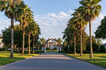 Obraz premium The Palm-Lined Driveway Leading to a Grand Estate Mansion in Sunset Light