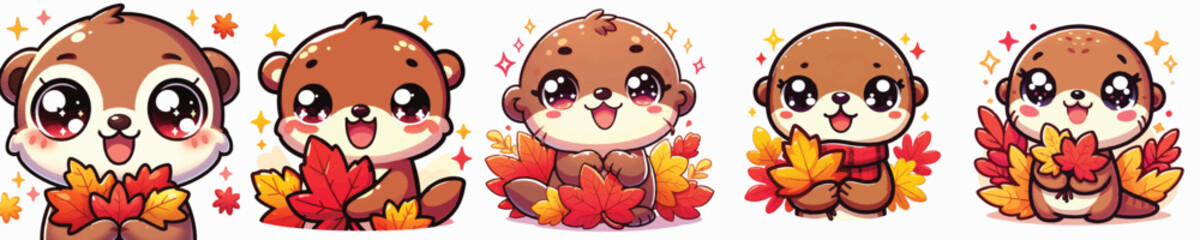 Vector of a cute cartoon otter character holding colorful autumn leaves © FirdianKrisna