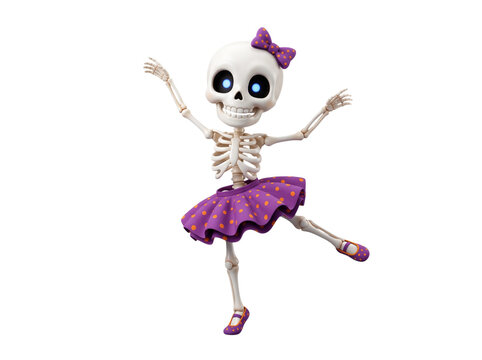 A cute 3d cartoon skeleton girl dancing in a purple tutu skirt