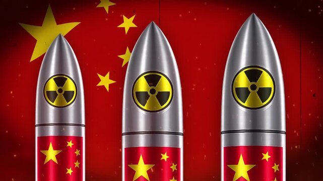 Three nuclear missiles with a Chinese flag design in motion footage