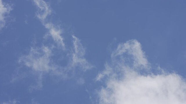 Wispy thin clouds floating naturally in real time blue atmosphere, look up shot with a calm tranquil feeling, excellent as overlay element for video.