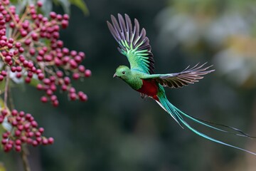 Fototapeta premium The Green Hummingbird in Flight with Iridescent Tail Near Pink Berries
