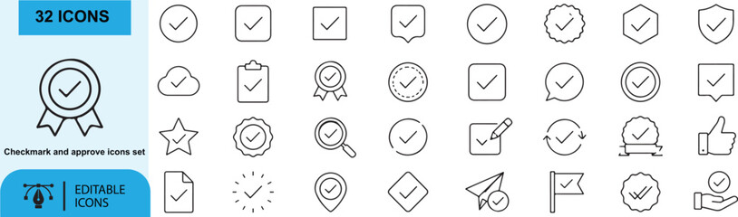 Checkmark and Approval Outline Icons Set - Verified, Approved, Validation, Confirmation, Success, Quality Check, Tick Mark Line Vector Collection © ShahosChandro