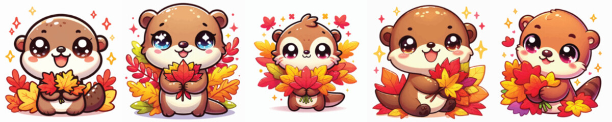 Vector of a cute cartoon otter character holding colorful autumn leaves © FirdianKrisna