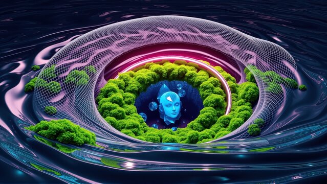 Surreal scene. Glowing head rests within mossy ring, protected by lattice dome. Water swirls around structure. Vivid colors dominate composition.