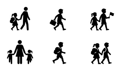 Obraz premium Children Walking to School Icons, Parent and Child Icons, Student Journey Vector Set