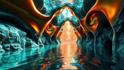 Fototapeta premium Dramatic cave interior. Water reflects fiery orange, teal hues. Light emanates from distant opening, creating surreal scene.
