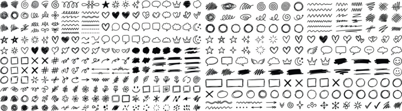 Sketchy arrow set with pen, crayon and chalk effects. Hand drawn style with brush and pencil strokes. Flat vector illustration isolated on white. Distressed rough texture for creative design.