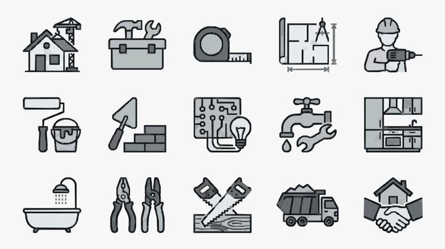Elegant Minimalist Black and White Construction and Home Improvement Icons Set for Web Design Presentations or SEO Content